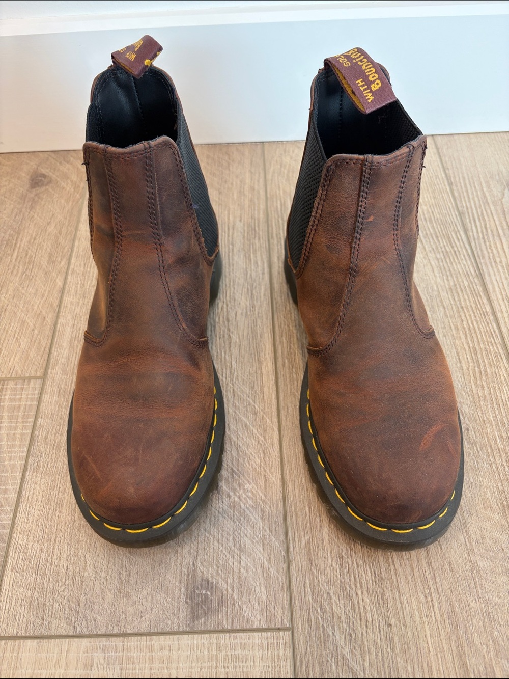 Dr. Martens Brown Leather Chelsea Boots with Yellow Stitching